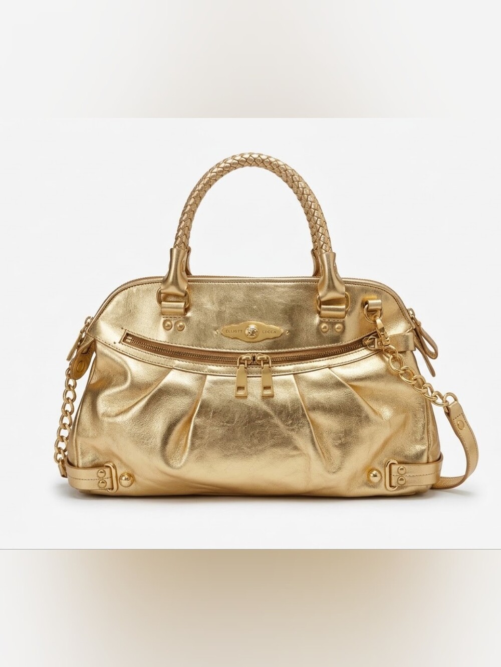 Elliott Lucca Metallic Gold 100% Leather Braided Top Handle Satchel Crossbody